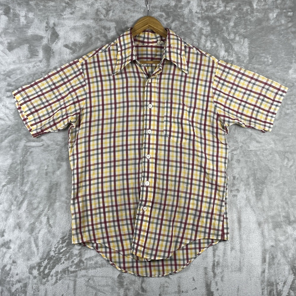 True Vintage 70s Sears Button Up Shirt Mens Large Plaid Dagger Collar Disco 1970